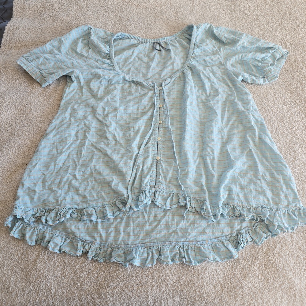 Anthropologie Short Sleeve Ruffled Trim Neck Tie Pajama Top Blue Check Sz L